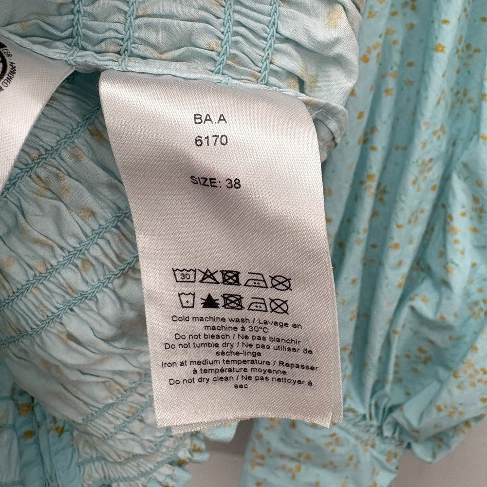 Ganni Smocked Floral Top Shirt Size 38 (US 6) Light Blue Long Sleeve Cotton Flaw - Picture 5 of 14